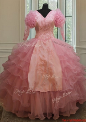 Cheap V Neck Embroideried and Ruffled Layers Quinceanera Dress in Baby Pink