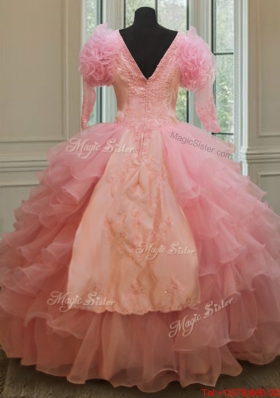 Cheap V Neck Embroideried and Ruffled Layers Quinceanera Dress in Baby Pink