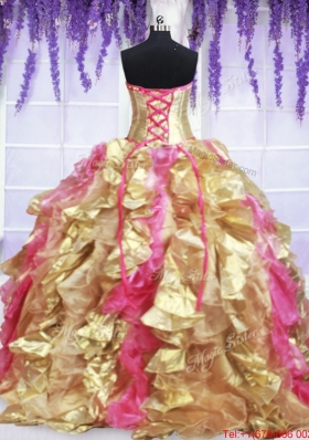 Laced Beaded and Ruffled Gold and Hot Pink Quinceanera Dress with Brush Train