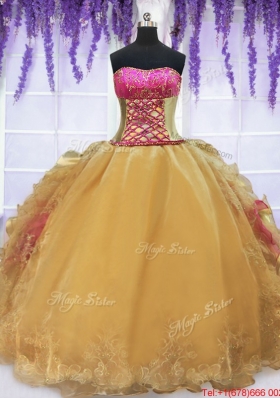 Laced Beaded and Ruffled Gold and Hot Pink Quinceanera Dress with Brush Train