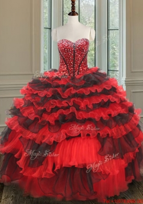 Modern Red and Black Detachable Quinceanera Dress with Beading and Ruffled Layers