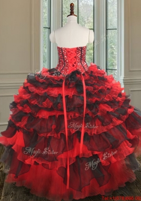 Modern Red and Black Detachable Quinceanera Dress with Beading and Ruffled Layers