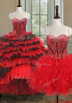 Modern Red and Black Detachable Quinceanera Dress with Beading and Ruffled Layers