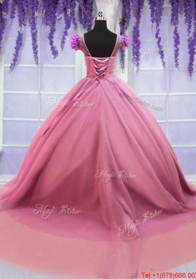 New Style Beaded Scoop Cap Sleeves Rose Pink Quinceanera Dress with Court Train