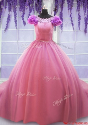 New Style Beaded Scoop Cap Sleeves Rose Pink Quinceanera Dress with Court Train