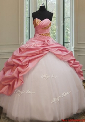 Perfect Beaded and Bubble Watermelon and White Quinceanera Dress in Taffeta and Tulle