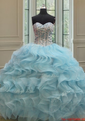 Popular Visible Boning Beaded Bodice Organza Quinceanera Dress in Light Blue