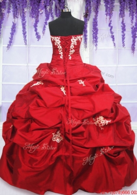 Romantic Puffy Skirt Red Sweet 15 Dress with Appliques and Pick Ups