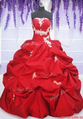 Romantic Puffy Skirt Red Sweet 15 Dress with Appliques and Pick Ups