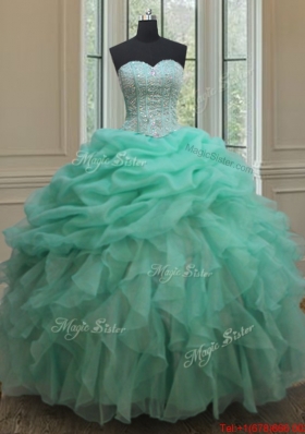 Ruffled and Bubble Beaded Bodice Turquoise Organza Detachable Quinceanera Dress