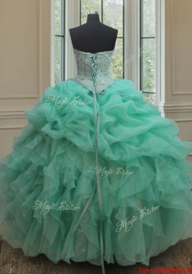 Ruffled and Bubble Beaded Bodice Turquoise Organza Detachable Quinceanera Dress