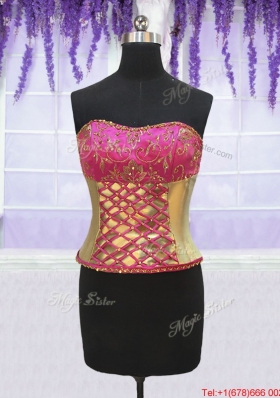 Three Piece Laced Beaded Brush Train Detachable Quinceanera Dress in Gold and Hot Pink