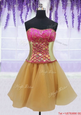 Three Piece Laced Beaded Brush Train Detachable Quinceanera Dress in Gold and Hot Pink