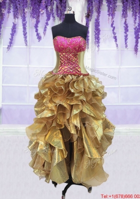 Three Piece Laced Beaded Brush Train Detachable Quinceanera Dress in Gold and Hot Pink