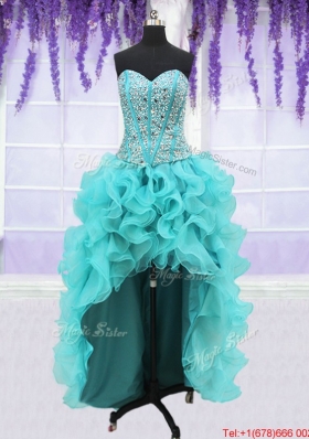 Three Piece Visible Boning Beaded and Ruffled Aquamarine Detachable Quinceanera Dress