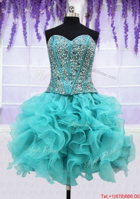 Three Piece Visible Boning Beaded and Ruffled Aquamarine Detachable Quinceanera Dress