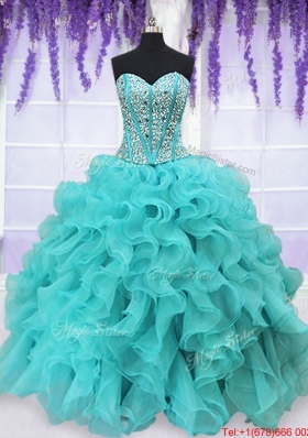 Three Piece Visible Boning Beaded and Ruffled Aquamarine Detachable Quinceanera Dress