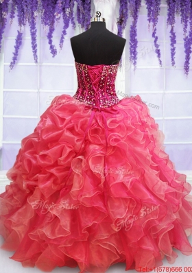 Affordable Visible Boning Beaded Bodice Coral Red Quinceanera Dress with Ruffles