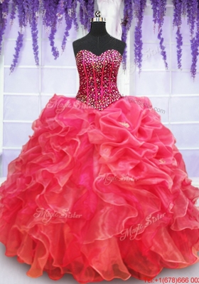 Affordable Visible Boning Beaded Bodice Coral Red Quinceanera Dress with Ruffles