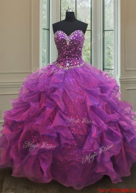 Beautiful Puffy Skirt Beaded and Sequined Purple Sweet 16 Dress with Ruffles