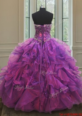 Beautiful Puffy Skirt Beaded and Sequined Purple Sweet 16 Dress with Ruffles