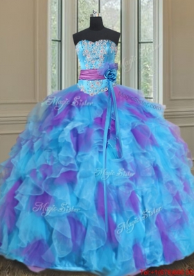 Best Sweetheart Organza Blue and Purple Quinceanera Gown with Handmade Flower