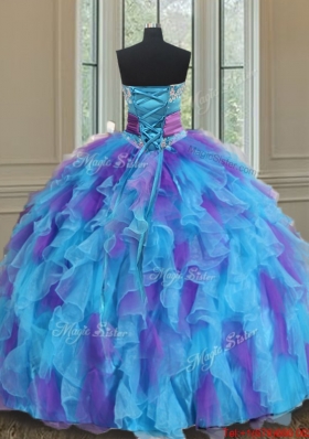 Best Sweetheart Organza Blue and Purple Quinceanera Gown with Handmade Flower