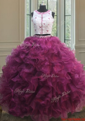 Discount Two Piece Laced Beaded Burgundy Quinceanera Dress with Ruffles