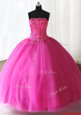 Exclusive Visible Boning Strapless Beaded Quinceanera Dress in Hot Pink