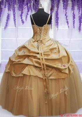 Exquisite Spaghetti Straps Taffeta Champagne Quinceanera Dress with Appliques