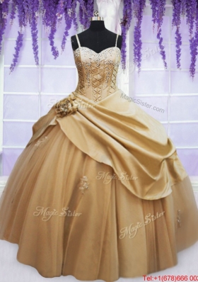 Exquisite Spaghetti Straps Taffeta Champagne Quinceanera Dress with Appliques