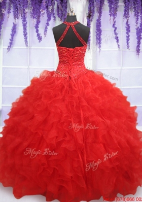 High End See Through Halter Top Red Sweet 16 Dress with Beading and Ruffles