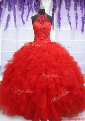 High End See Through Halter Top Red Sweet 16 Dress with Beading and Ruffles