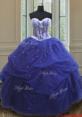 Lovely Beaded and Sequined Blue Quinceanera Dress in Tulle