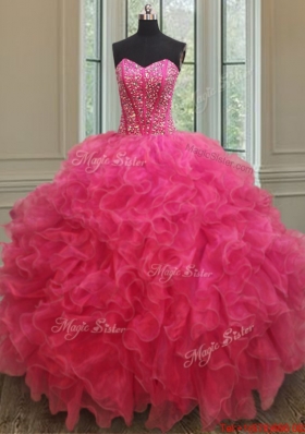 Lovely Visible Boning Beaded Bodice Quinceanera Gown in Hot Pink