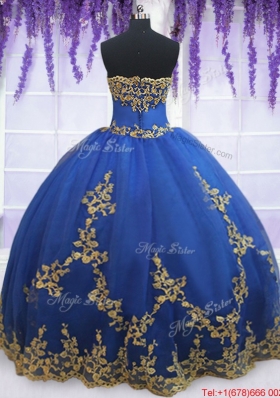 Low Price Strapless Zipper Up Blue Quinceanera Gown with Gold Appliques