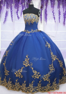 Low Price Strapless Zipper Up Blue Quinceanera Gown with Gold Appliques