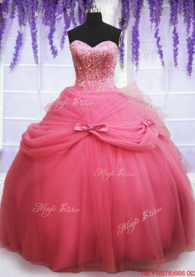 Perfect Tulle Watermelon Red Quinceanera Dress with Beading and Bowknot