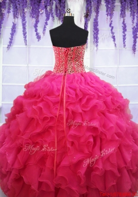 Popular Visible Boning Beaded Bodice and Ruffled Quinceanera Dress in Hot Pink