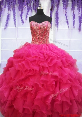 Popular Visible Boning Beaded Bodice and Ruffled Quinceanera Dress in Hot Pink