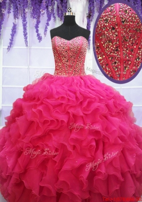 Popular Visible Boning Beaded Bodice and Ruffled Quinceanera Dress in Hot Pink