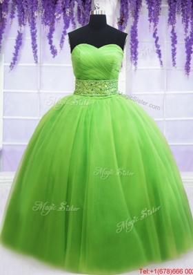 Simple Ruched Bodice Beaded Decorated Waist Spring Green Quinceanera Dress