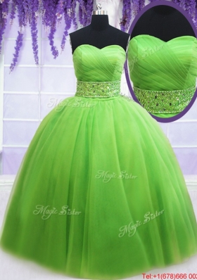 Simple Ruched Bodice Beaded Decorated Waist Spring Green Quinceanera Dress
