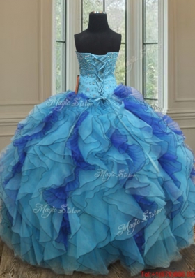 Best Selling Feather Beaded Ruffled Two Tone Quinceanera Dress in Organza