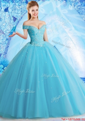 Best Selling Tulle Beaded Sweet 16 Dress in Aqua Blue