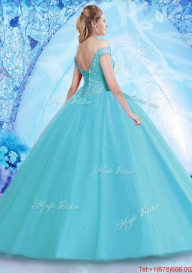 Best Selling Tulle Beaded Sweet 16 Dress in Aqua Blue