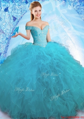 Cheap Beaded Off the Shoulder Teal Quinceanera Dress in Tulle