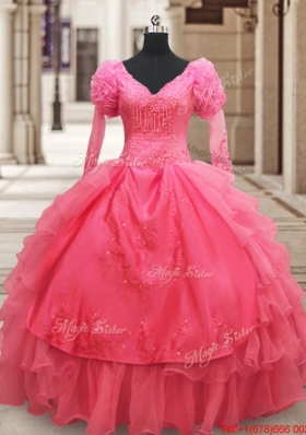 Classical Half Sleeves Watermelon Red Quinceanera Dress with Ruffled Layers and Embroider