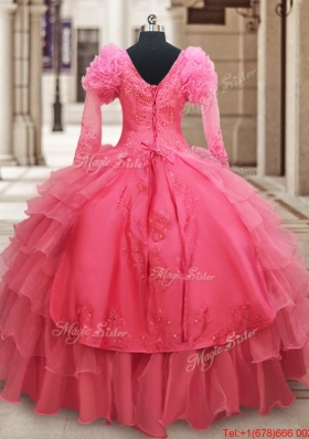 Classical Half Sleeves Watermelon Red Quinceanera Dress with Ruffled Layers and Embroider