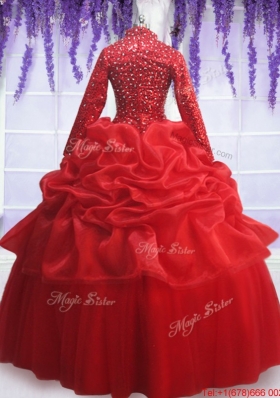 Elegant Beaded and Sequined Zipper Up Quinceanera Dress with Long Sleeves